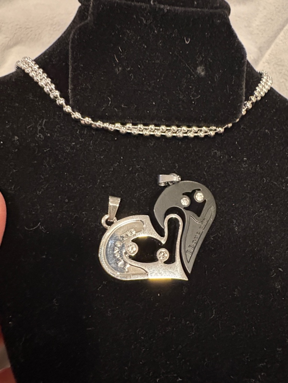 Two-Tone Silver and Black Heart Pendant Necklace with Crystals